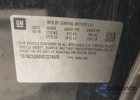 2016 Chevrolet Cruze Ls Auto z USA, uszkodzony, nr VIN 1G1BC5SMXG7274605